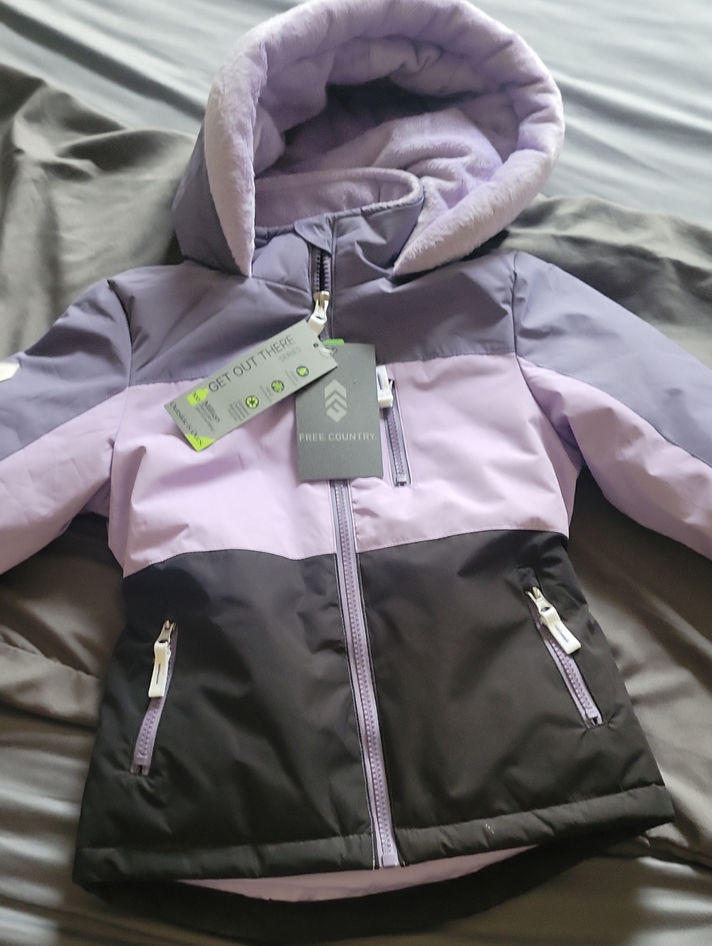 NWT Free Country Lavender and Black Colorblocked Hooded Kids Puffer Jacket
